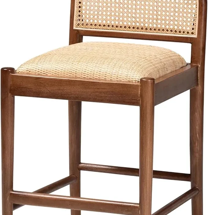 bali & pari Maryland Modern Bohemian Natural Rattan and Acacia Wood Counter Stool