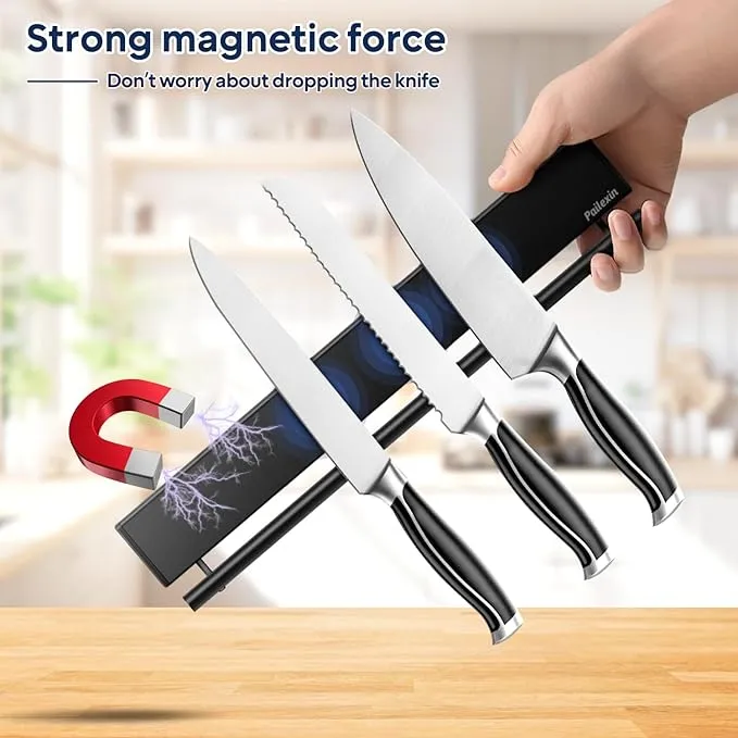 Magnetic Knife Holder with 5 Hooks, No Drilling Black Magnetic Strip and Utensil Hanger for Wall