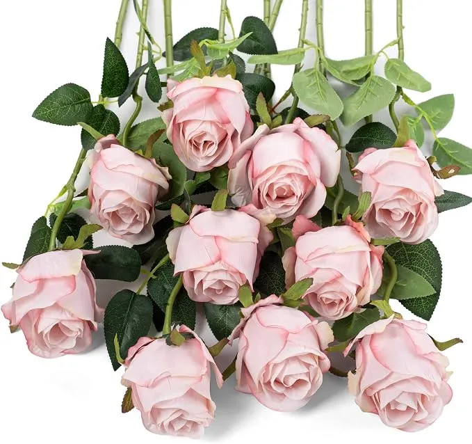 8pcs Artificial Rose Flowers Long Stem Fake Silk Roses for DIY Wedding Bouquet Table Centerpiece Home Decor (Light Pink)