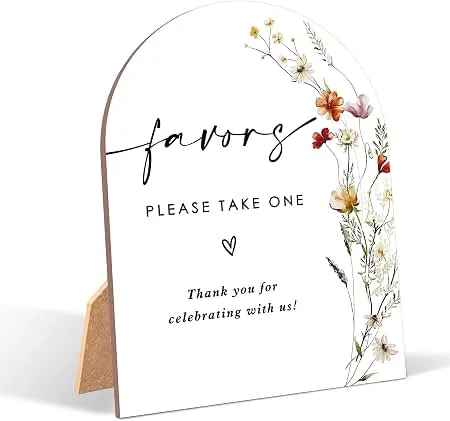 White Rose Favors Sign, Wedding Ceremony Signs, 6 x 8 Inch Arch Wooden Tabletop Sign with Stand, Wedding Reception Decoration Supplies