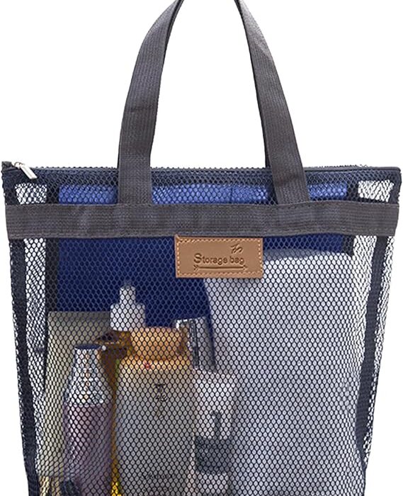 Rotema Mesh Shower Bag with Zipper, 11.8x9.8Inches Small Pool & Gym Bag, Camping Toiletry Essential (3, navy blue)