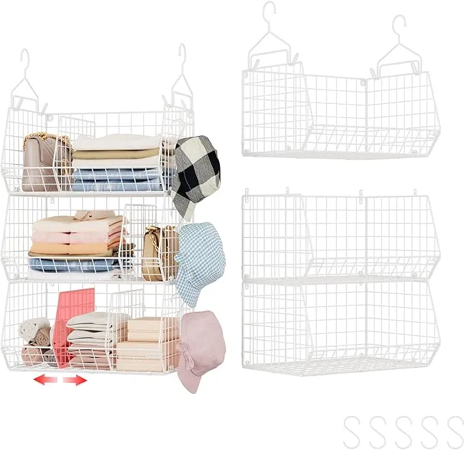 3 Tier  Closet Hanging Shelves with Divider, Closets Organizers and Storage with 5 S Hooks, Clothes Organizer for Sweaters Shoes Handbags Clutches Accessories-White