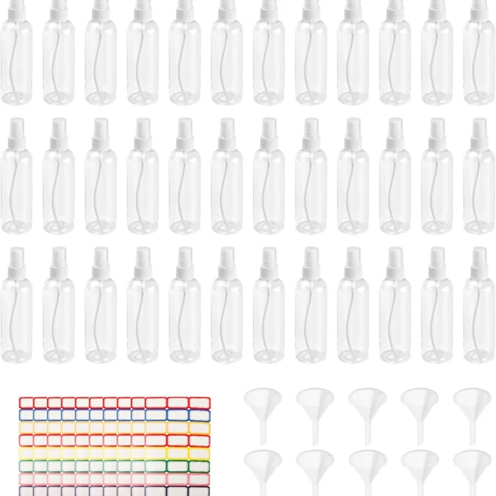 YEUIKERR 36 Pack White Small Spray Bottles 4 oz/120 ml Plastic Spray Bottles, Fine Mist Empty Small Travel Spray Bottle, Refillable Mini Sprayer Empty Bottle Bulk with Funnels and Labels
