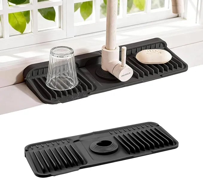 ZJWZLG Faucet Mat for Kitchen Sink, 14"X5.5" Silicone Sink Splash Guard , Snap-On Design & 7°slope Fast Drain, Folding Sink Faucet Mat for Universal Kitchen Bathroom Sink(Black)