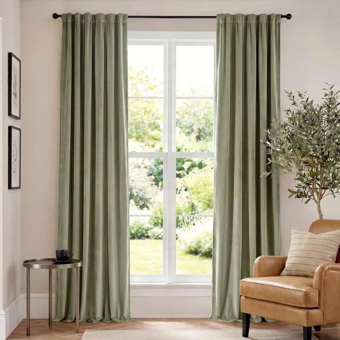 Lazzzy Green Velvet Blackout Curtain Thermal Insulated Curtain for Bedroom Living Room Darkening Privacy Drapes Noise Reducing Velvet Curtain Rod Pocket 90 Inch Long Curtain (1 Panel) Sage Green