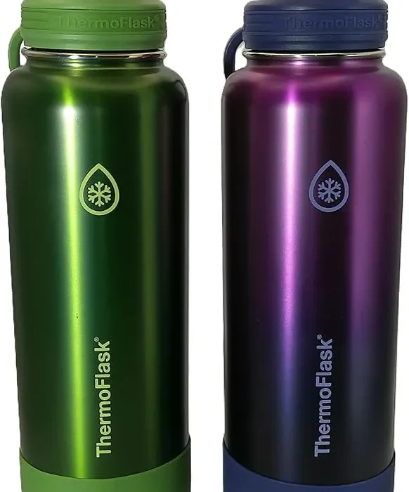 ThermoFlask 40 oz Bottle with Spout and Straw Lid - Stainless Steel, Double-Wall Insulation & BPA-Free - Leakproof, Resuable - Forest Green/Purple Sunset (2 Pack)
