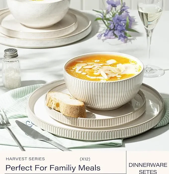 Getstar Dinnerware Sets, Plates and Bowls Sets (10.5” Dish + 8” Dish + 6” Bowl) for 4, Microwave and Dishwasher Safe, Ceramic Dinnerware Set (12 Piece)