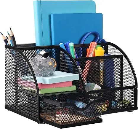 Comix Mesh Pen Pencil Holder Desk Organizer, 7 Compartment Wire Desktop Pen Pencil Cup Caddy Office Supplies for Home Office School, Black
