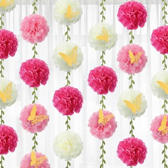 Suncalla 8 Pack Tissue Paper Pom Pom Garlands Paper Flowers with Vines and Butterflies for Birthday Baby Shower Wedding Engagement Bridal Shower Spring Summer Party Decorations (Hot Pink)