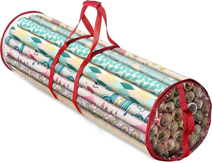 Christmas Wrapping Paper Storage Bag - Fits 14 to 20 Standard Rolls Upto 40"- Slim Design Underbed Wrapping Paper Storage Container or Closet Storage Gift Wrap Organizer, Water Proof PVC Fabric, Clear (Red)