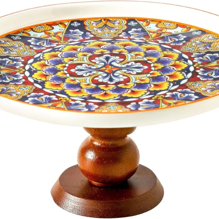 8” Ceramic Cake Stand with Elegant Wood Curved Footed
