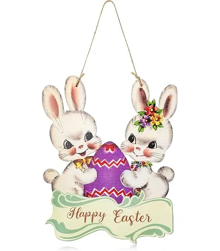 Vintage Easter Wooden Hanging Door Sign Decoration 11.8*9.4 Inch Retro Happy Easter Porch Welcome Sign for Door Wall Easter Wreath Egg Bunny Hanging Supplies for Indoor Outdoor