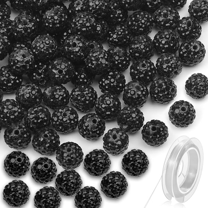 100 Pcs Clay Rhinestone Beads 10mm for Jewelry Making, Bling Sparkle Rhinestone Beads with Elastic String for Bracelet Necklace Earring Jewelry Making (Black)