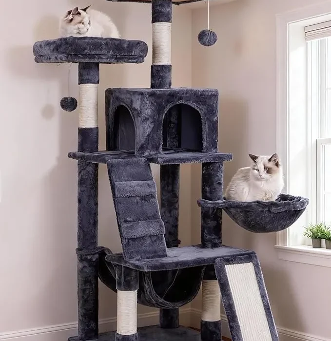 Heybly Cat Tree, Cat Tower for Indoor Cats,Multi-Level Cat Furniture Condo for Cats with Padded Plush Perch, Cozy Basket and Scratching Board Smoky Gray HCT014G