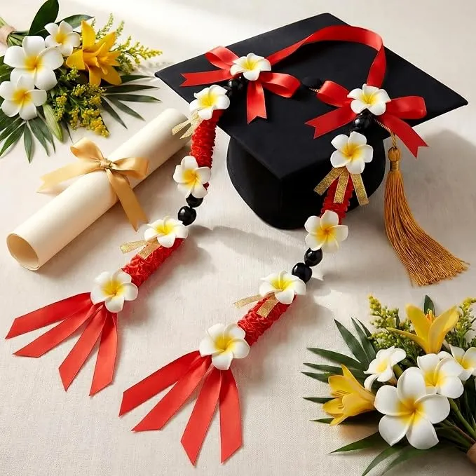 Suncalla Graduation Lei 66 Inch Kukui Nut Lei Hawaiian Plumeria Tropical Luau Wreath Necklace Ribbon Artificial Flower Garland for High School College Graduation Party Accessories(Red)