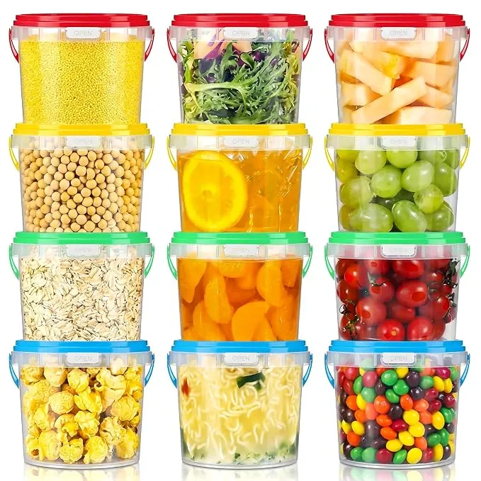 24 Pack 0.5 Gallon Large Food Storage Containers with Colored Lids Handles Reusable Plastic Bucket Stackable Freezer Storage Pails Deli Kitchen Organizer Pantry for Ice Cream Soup Flour Drinks