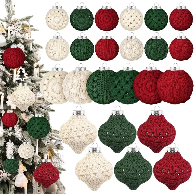Syhood 24 Pcs Crochet Christmas Ornaments 5 Styles 2.36" 3.15" Handmade Crochet Knitted Christmas Pinecone Ball Ornaments for Xmas Tree Party Decoration Supplies(Red Green Warm White)