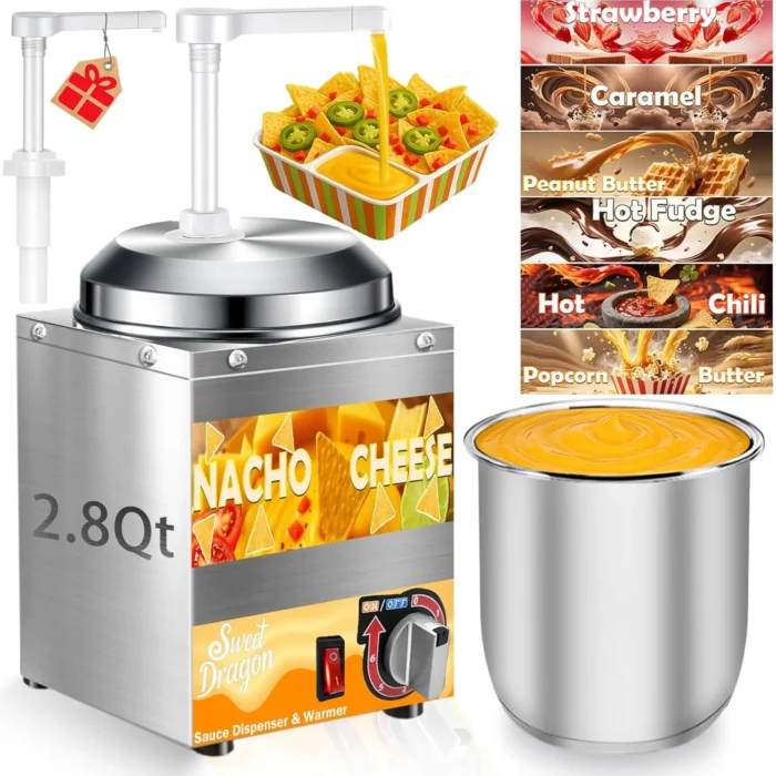 Nacho Cheese Dispenser with Pump, 2.8 Qt Nacho Cheese Warmer, Stainless Steel Hot Fudge Cheese Melter Warmer W/6-Level Temperature Adjustment, Commercial Sauce Dispenser for Butter Syrup Caramel