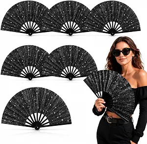 Thyle 6 Pcs Black Folding Clack Hand Fans for Line Dancing, Classical