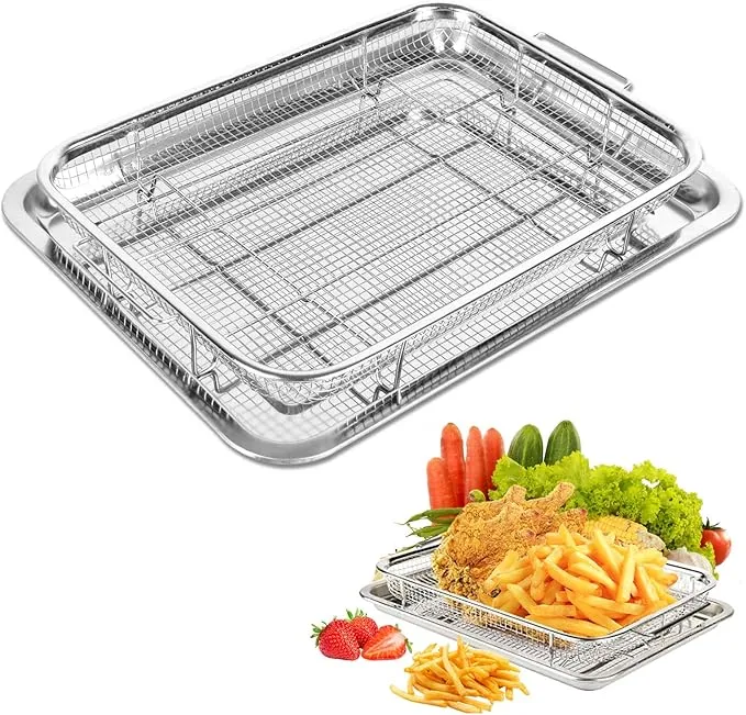 18.7" X 12.8" Extra Large Air Fryer Basket for Oven, OvenCrisp Oven Air Fryer Basket and Tray Set Stainless Steel Air Fryer Pan and Crisper Tray for Frying Baking 2 pieces