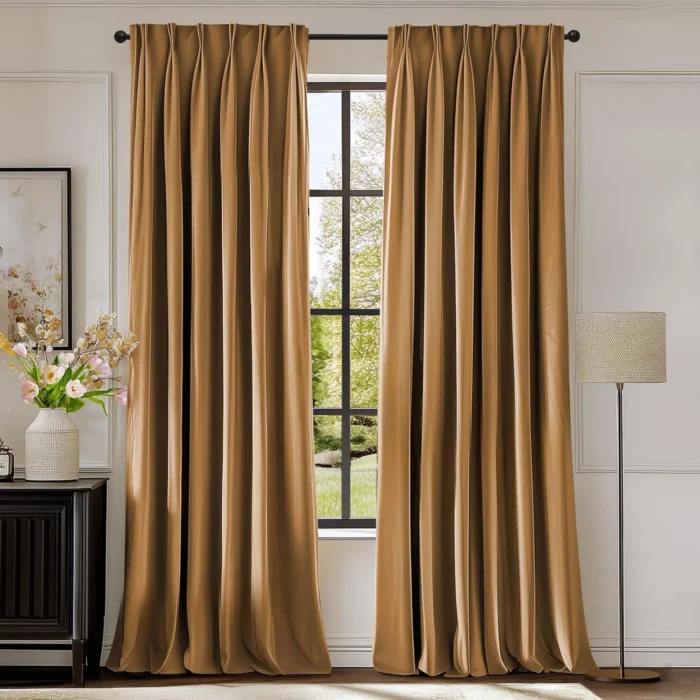 Lazzzy Gold Brown Blackout Velvet Curtains 96 Inch Long Pinch Pleated Room Darkening Drapes Luxury Back Tab Thermal Modern Treatments for Bedroom Living Room 2 Panels, 52 x 96 Inch, Golden Brown