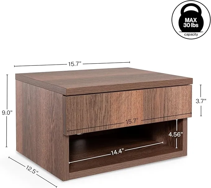 ONATHAN Y NST2002A Ettore 15.71" Mid-Century Modern Floating Wall Mounted Nightstand with Soft-Close Drawer and Cable Hole, Dark Brown