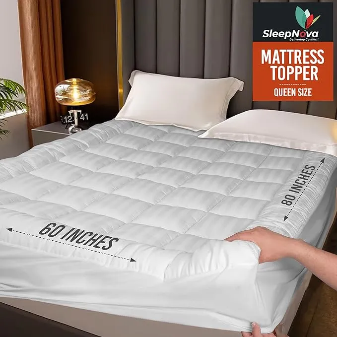 SLEEPNOVA's Cooling Mattress Topper Queen Size Bed – 100% Cotton Pillow Top That Keeps You Cool, Relieves Back Pain & Adds Cloud-Like Comfort with Deep Pocket Fit (8”-21”), Soft & Machine Washable