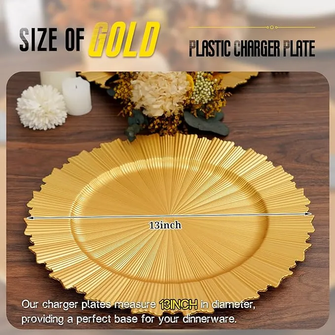 Gold Charger Plates Bulk 50Pcs - 13" Elegant Gold Chargers for Dinner Plates, Wedding & Event Decorative Charger Plates Set（Fluted Edge）
