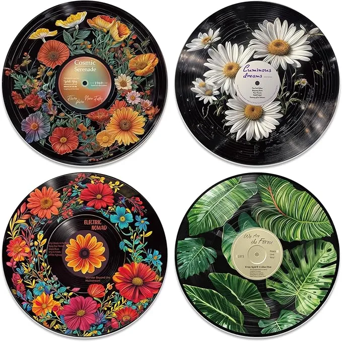 winklemon 4PCS Vinyl Record Decor 12 Inch Record Decorations for Indie Hippie Room Decor Botanical Wall Art for Room Aesthetic Flower Leaves Records Wall Decor for Music Party Studio Display