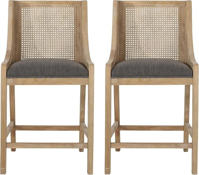 Christopher Knight Home Cataldo Upholstered 25.5 inch Counter Stools (Set of 2) - Wood and Cane - Charcoal/Natural