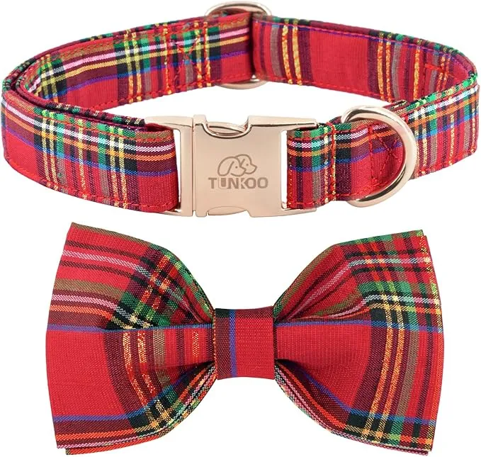 Tunkoo Dog Collar Christmas Plaid with Elegant Bow Tie Soft Comfy Cotton Adjustable Collar, Premium Metal Buckle for Puppy and Cat Small Medium Large（Red Plaid，M）