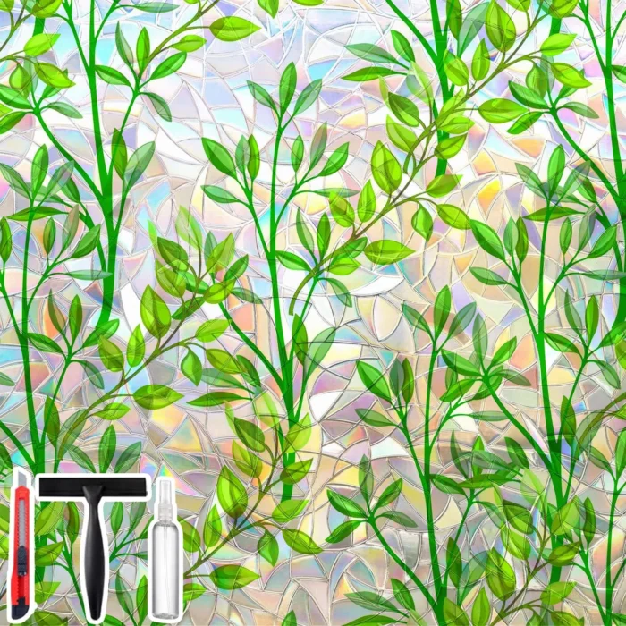 Window Privacy Film with Cutting Grid, Non-Adhesive Stained Glass Window Film Decorative, Static Cling Privacy Window Film (Leaf Rainbow,17.5 X 78.7 inch)