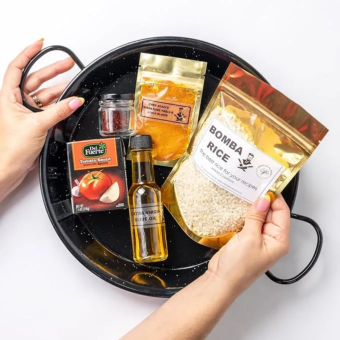 Paella Kit by Chef Adan Ventura – Authentic Spanish Paella Gift Cooking Set with 12″ Enamel Paella Pan, Valencian Bomba Paella Rice, Saffron & More   BOMBA RICE exp date(08/2027)