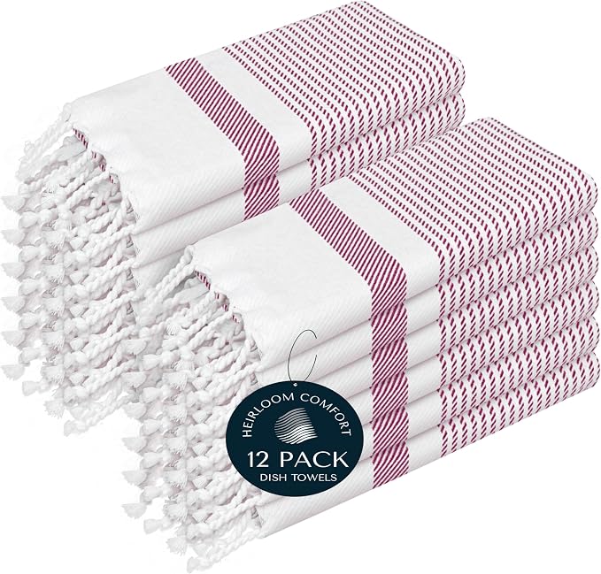 Burgundy Wine Turkish Kitchen Towels 16x26 Inch, 12 Pack, 100% Cotton, Ultra Absorbent, Soft, Fast Dry, Washable, Dish Towel with Tassels for Drying Dishes, Cleaning, Everyday Use