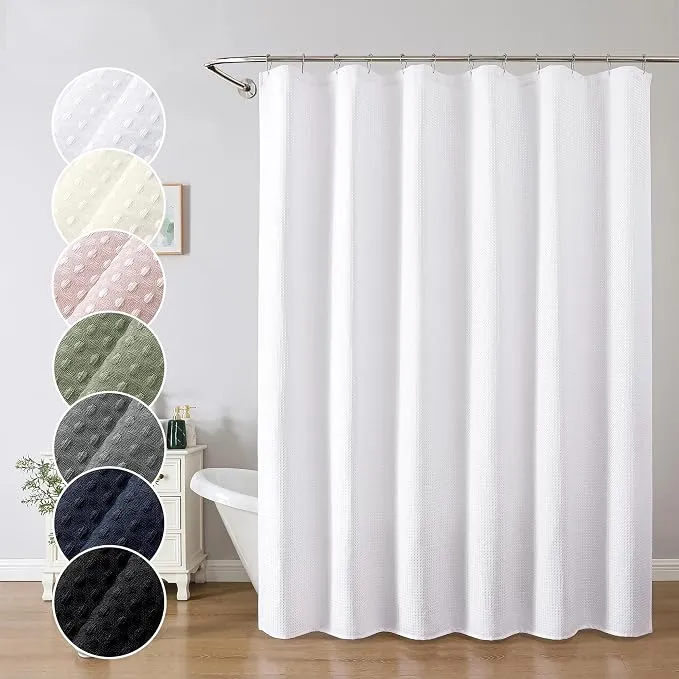 White Waffle Weave Fabric Shower Curtain, Textured Heavy Cloth Shower Curtains for Bathroom, Water Repellent Soft Hotel Spa Luxury Elegant Bath Curtain, Machine Washable, White, 72x78 Inch