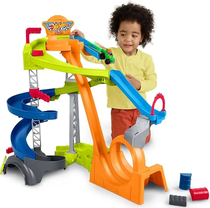 Fisher-Price Little People Hot Wheels Spiral Stunt Speedway Toddler Race Track Playset