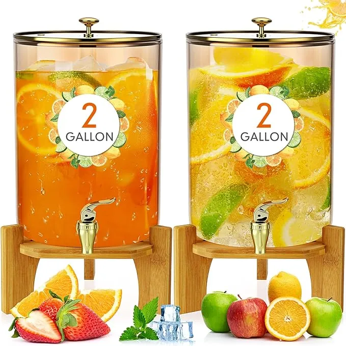 Honeydak 2 Pack 2 Gallon Drink Dispensers with Plastic Spigot and Lid, Glass Beverage Dispenser with Wooden Stands for Water Juice Lemonade, Iced Tea Cocktail Beverage Storage