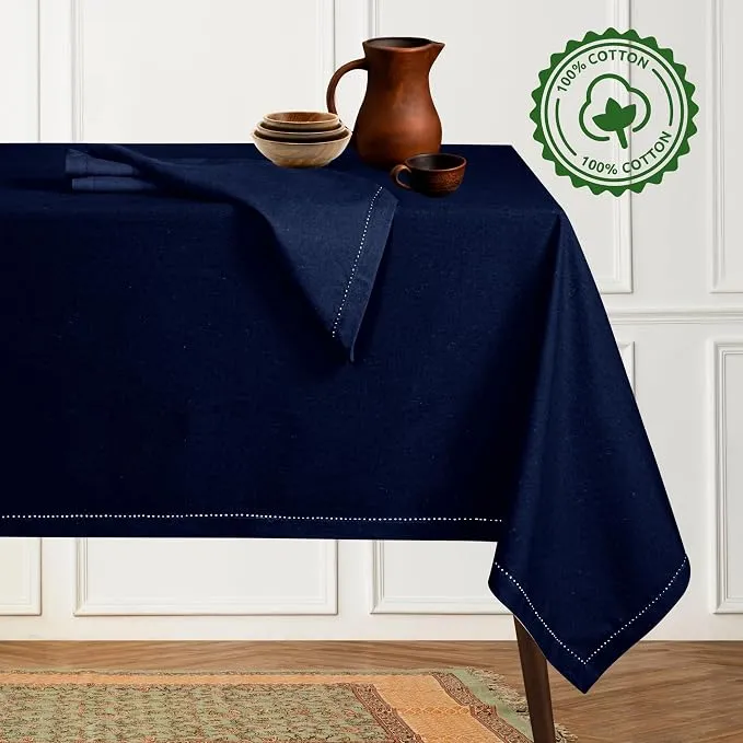 Native Fab Tablecloth 52x70 Inches - 100% Cotton, Durable, Wrinkle-Free, Washable Table Cover for Dining Room, Banquets, Parties, Holiday, Events - Elegant, Easy Care, Home Décor - Navy Blue