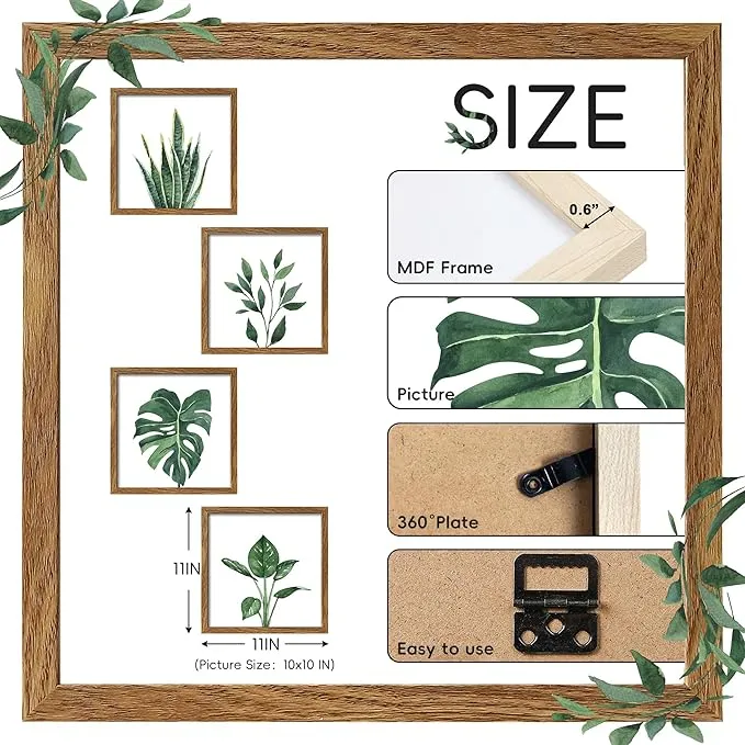 ArtbyHannah Framed Botanical Bathroom Wall Art Decor, 10x10 Inch 4 Pack Acrylic Sage Green Prints Set, for Spa & Farmhouse Decor for Bath, Restroom, Bedroom, Office Decoration (Walnut)