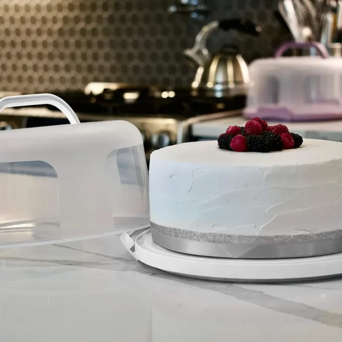 Top Shelf Elements Round Cake Carrier Two Sided Cake Holder Serves as Five Section Serving Tray, Portable Fits 10 inch Cake, Box Comes With Handle, Container Holds Pies (White)