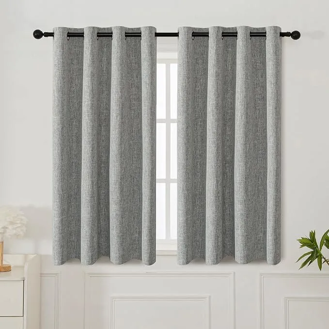 INLINAS Faux Linen Knotted Texture Blackout Curtains - 100% Light Blocking, Noise Reducing Triple Layer Fabric Grommets Top for Bedroom, Set of 2, Light Grey, 52 x 54 Inch