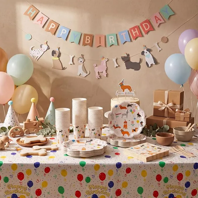 LemonRoad Dog Birthday Party Decorations Supplies Serves 25 Guest Puppy Party Decorations Dog Plates Napkins Cups Tablecloths Banner Disposable Dinnerware Set for Puppy Parties Favors