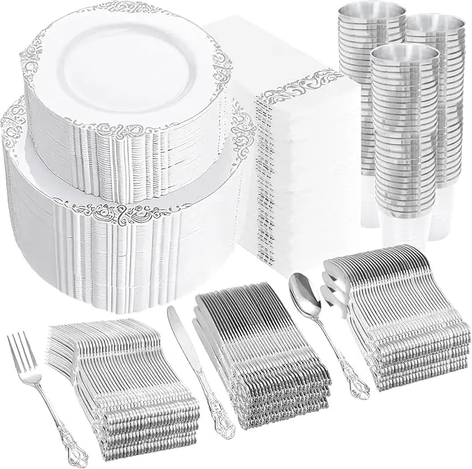 YOUBET 700PCS White and Silver Plastic Dinnerware Set for Wedding Party