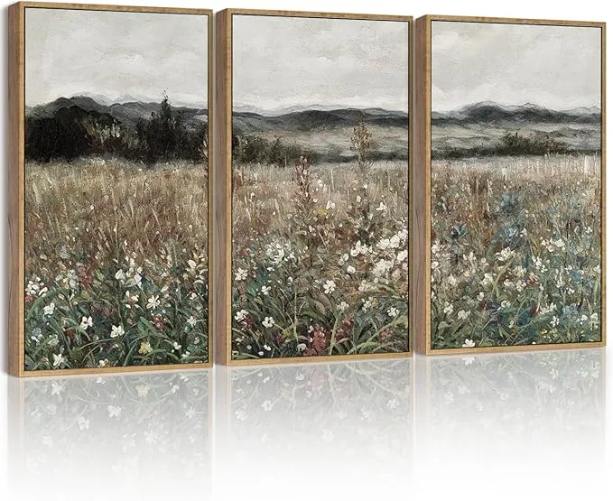 Wall Art Meadow Flowers Farmhouse Decor Retro Classic Painting for Kitchen Living Room Bedroom Bathroom - 11x14in3pcs Natural Framed
