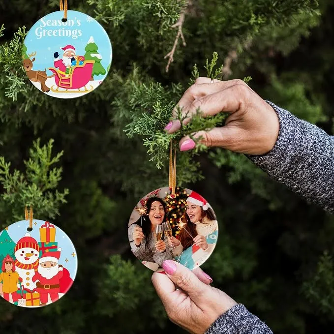 Sublimation Ceramic Ornaments Blanks with Gold String White Round Ornament Decorations Xmas Tree Gift for Heat Press Printing Crafts 12Pcs