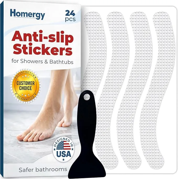 Anti-Slip Shower Stickers - Help Reduce Slipping in Bathtub & Shower, Clear Non-Slip Bath Strips, Strong Adhesive Bathtub Appliques Suitable for Homes with Kids, Adults & Seniors - Homergy
