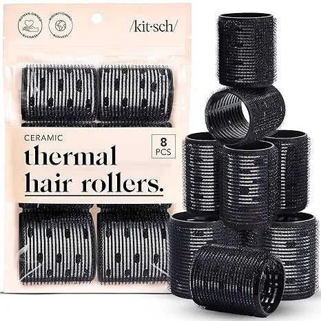 Kitsch Ceramic Thermal Hair Rollers for Women – Self Grip Hair Curlers for Heatless Curls Overnight, Long Lasting Frizz-Free Curls Volumizing Large Rollers for All Hair Types - Black, 8pcs