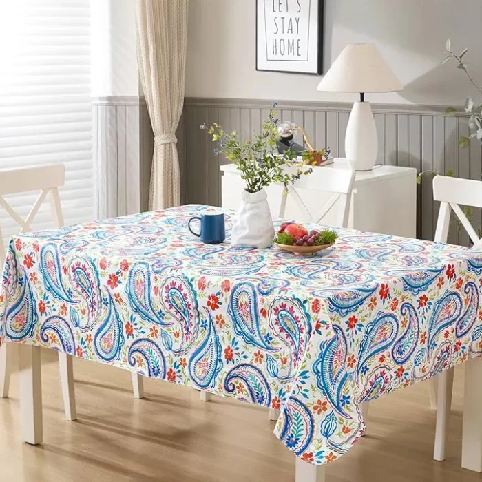 Newbridge Boho Chic Paisley Vinyl Tablecloth with Flannel Backing, 52 x 52 Inch Square, Blue Red and Pink Floral Print, Wipe Clean Table Cover for Dining and Entertaining