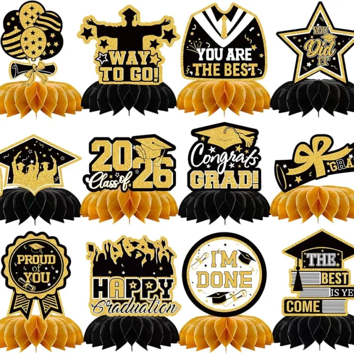 Black Gold Graduation Honeycomb for Table Centerpiece,Graduation Party Decorations Class of 2026,Table Toppers for Graduation Party Favors Supplies Indoor Outdoor,Graduation Decorations 2026