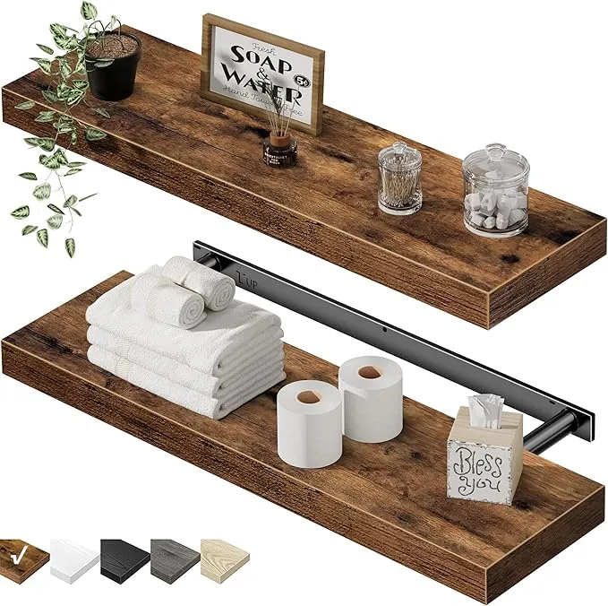 QEEIG Bathroom Floating Shelves for Wall Mounted Shelf Over Toilet Farmhouse Home Decor Display Shelving  Set of 2, Rustic Brown (008--60-023BN) Brown